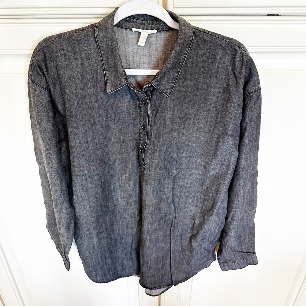 Eileen Fisher Women’s Grey Cotton Tencel Denim Popover Tunic Top Blouse Oversize - Picture 2 of 8